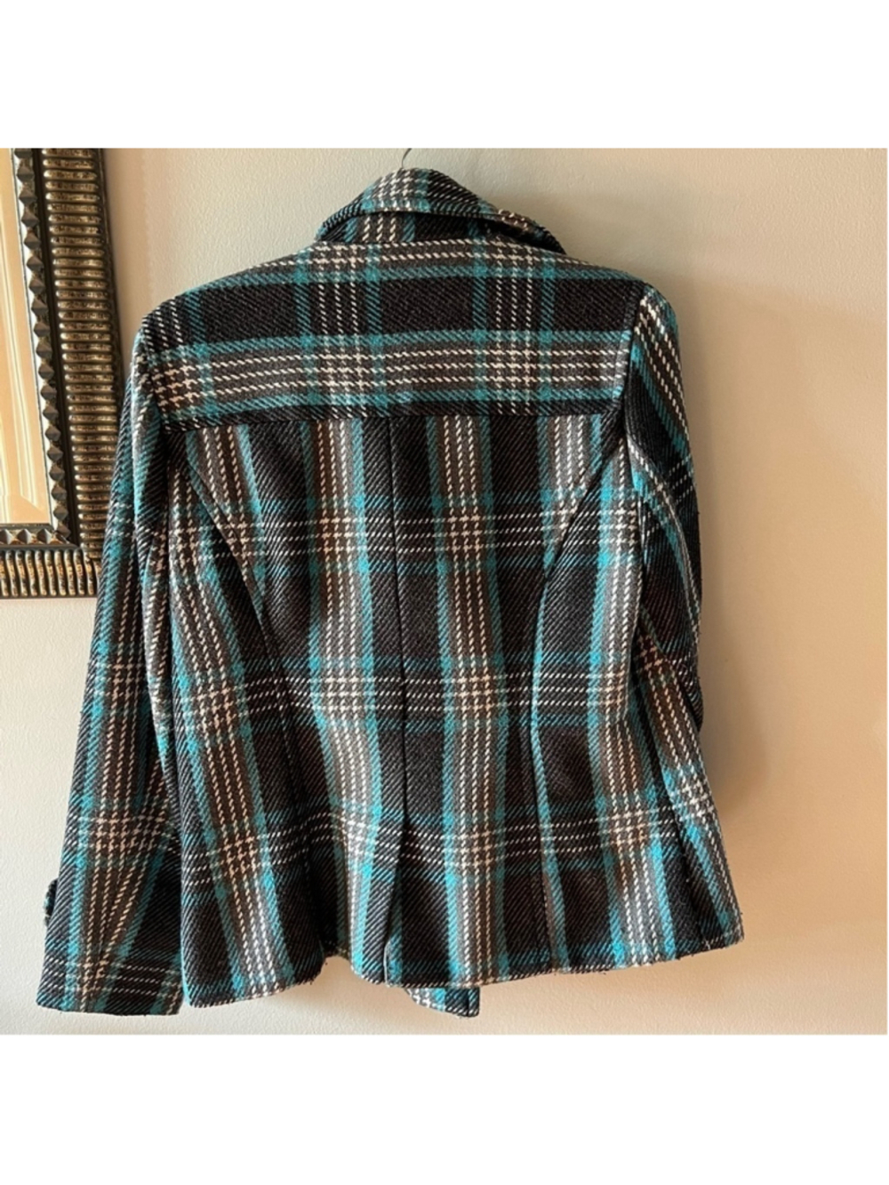 Dress Barn Woman’s Peacoat Blue Black Plaid Button Up Size Medium - Picture 7 of 7